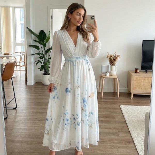 Floral Maxi Dress – Long Sleeve Chiffon Evening Gown, Romantic Formal Outfit