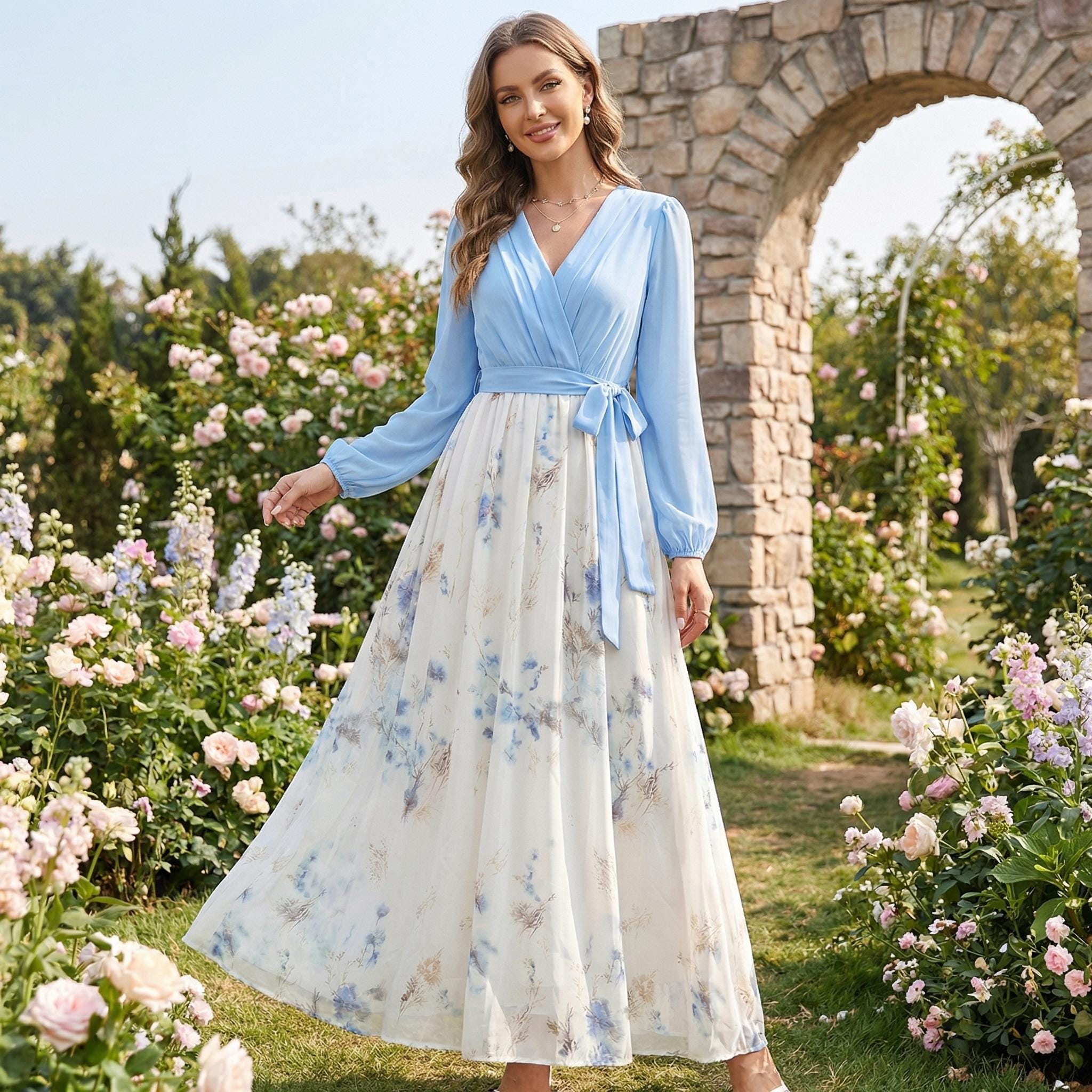 floral long sleeve chiffon maxi dress Nuichan women's modest maxi dress, long sleeve dress in chiffon fabric