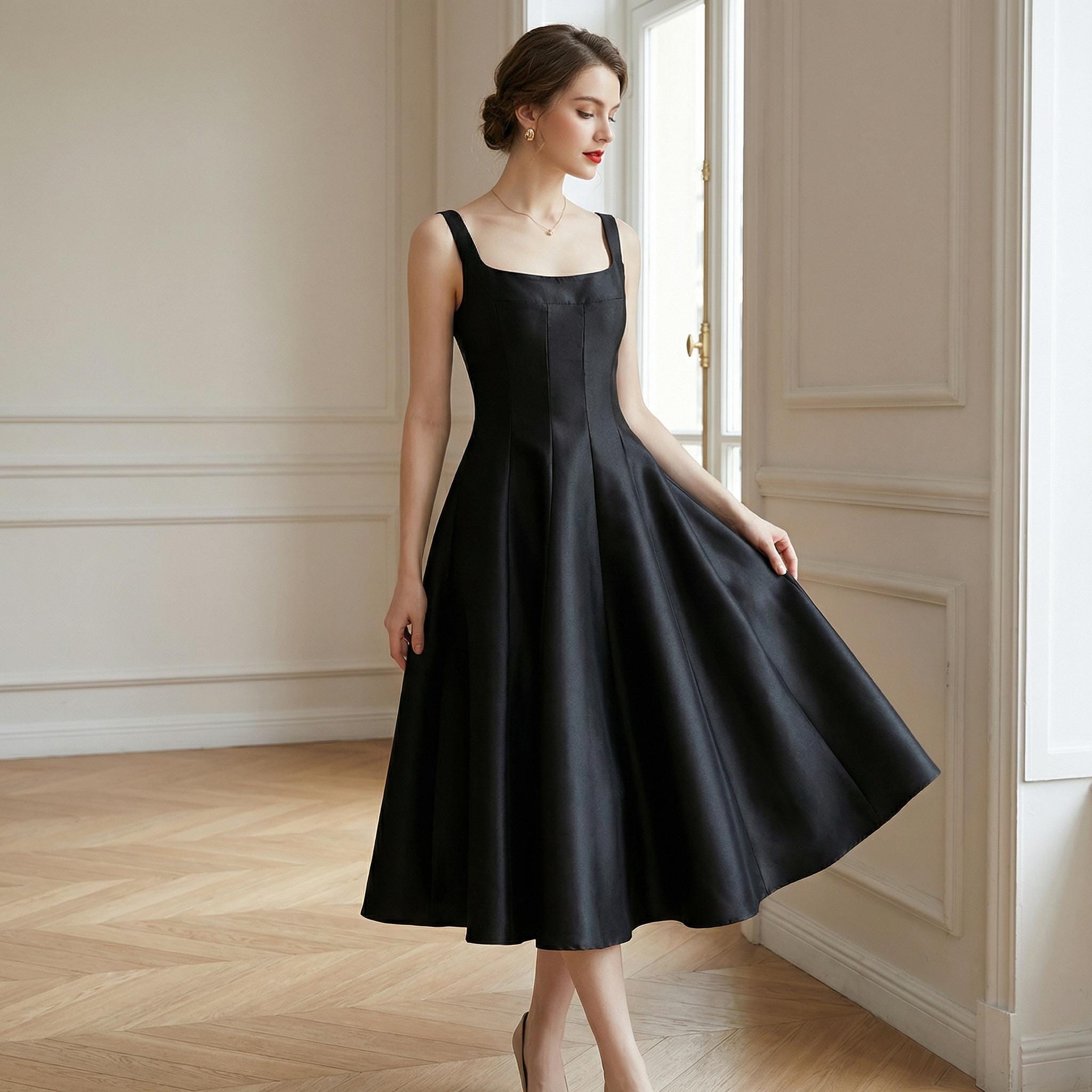 fit and flare black tie dress Midi Dress, Square Neck A-line, Elegant Formal Cocktail Prom Color:As Photo(Pink) Back zipper closure * A line 1940s BEAUTIFUL Strapless Dreamy