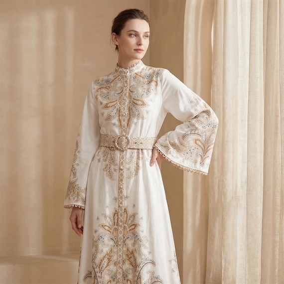 Vintage Floral Maxi Dress, Long Sleeve Belted Boho Style