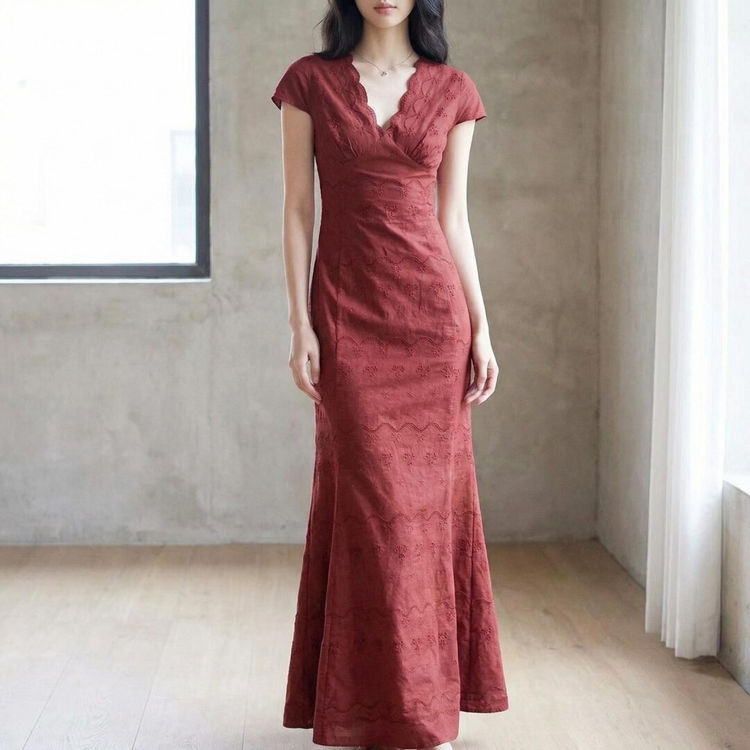 Rusty Rustic Long Dress Rust Red Lace Textured Maxi Dress: V-neck, Fitted Boho Summer Vacation ...
