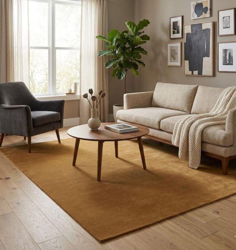 May include: A living room with a mustard-coloured rug, a light-coloured sofa with a cream throw, and a dark grey armchair. A round wooden coffee table is in the centre, and framed artwork decorates the wall. A large green plant adds a natural element.
