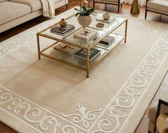 Handmade Wool Area Rug | Cream Tufted Rug | Luxury Beige Border Carpet |Scandinavian Home Decor