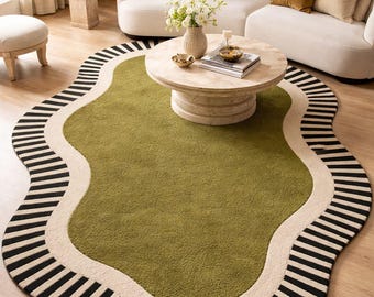 8x10 6x9 Wavy Irregular Area Rug, Olive Green Tufted Striped Rug For Living Room & Bedroom, Custom Funky Aesthetic Decor