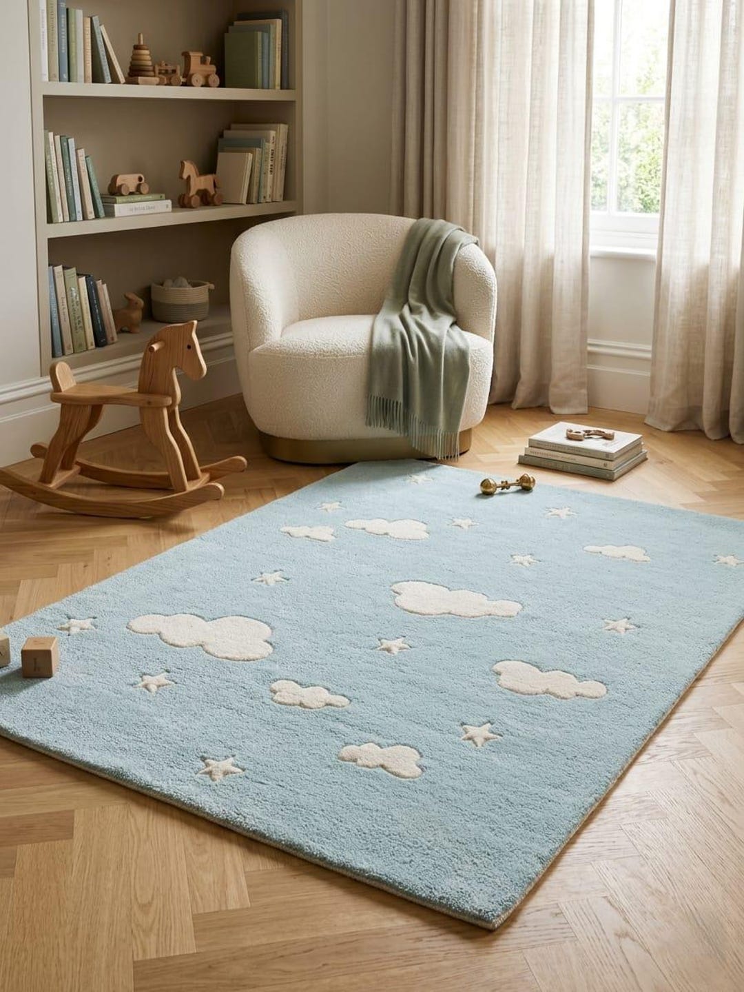 5x8 8x10 Tufted Area Rug, Light Blue Cloud and Star Rug for Baby ...