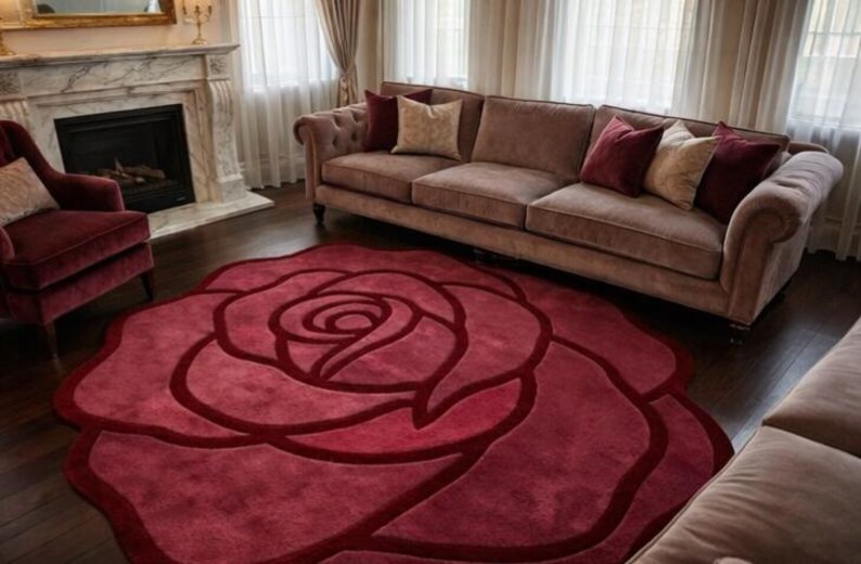 Large Red Rose Tufted Rug | Handmade Floral Area Rug | Burgundy Flower ...