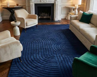 Navy Blue Geometric Tufted Rug, Modern Arches Handmade Carpet (8x10, 9x12)