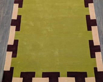 Hand Tufted Wool Rug, Modern Geometric Border Area Carpet, Green Burgundy Living Room