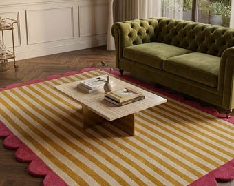 8x10 5x8 9x12 Scalloped Rug, Pink and Mustard Yellow Striped Tufted Area Rug, Wavy Edge Dopamine Decor For Living Room Bedroom
