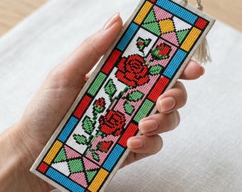 Stained Glass Rose Bookmark Cross Stitch Pattern | Elegant Floral Embroidery Design (PDF Download)