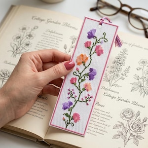 Bokmärkesmönster med vildblommor i korsstygn | Naturinspirerat bokmärke | Blombroderi i PDF-format | Direktnedladdning | Gör-det-själv-present