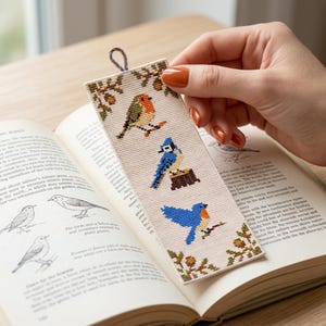 Peut inclure: Un marque-page rectangulaire en tissu orné d'une broderie au point de croix représentant trois oiseaux, dont un rouge-gorge et deux oiseaux bleus, entourés de petits motifs de glands marron. Une boucle tressée bleu et orange est fixée en haut.