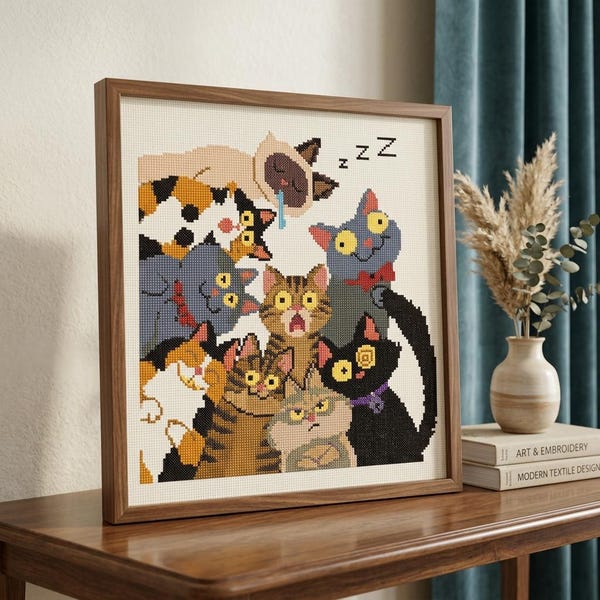 Kreuzstichmuster mit lustigen Katzen | Kreuzstichvorlage mit Cartoon-Kätzchen (PDF-Download)