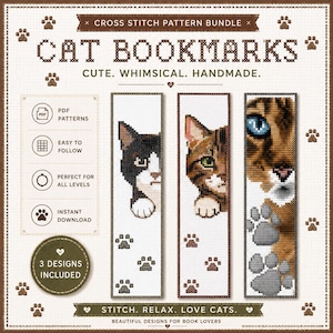 以下が含まれることがあります： 3種類の猫のしおりのクロスステッチパターンバンドル。テキスト：CROSS STITCH PATTERN BUNDLE, CAT BOOKMARKS, CUTE. WHIMSICAL. HANDMADE., PDF PATTERNS, EASY TO FOLLOW, PERFECT FOR ALL LEVELS, INSTANT DOWNLOAD, 3 DESIGNS INCLUDED, STITCH. RELAX. LOVE CATS. BEAUTIFUL DESIGNS FOR BOOK LOVERS.