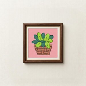 Puede incluir: Una obra de punto de cruz enmarcada que muestra una planta pixelada de hojas verdes claras y oscuras en una cesta tejida marrón. El diseño está sobre un fondo rosa sólido, dentro de un marco de madera marrón oscuro con un paspartú blanco.