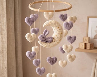 Baby Mobile Crochet Pattern PDF – Baby Shower Gift – Instant Download – Amigurumi Heart & Moon Mobile with Rabbit – Nursery Decor DIY