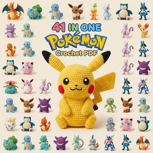Puede incluir: Una colección de 41 figuras de Pokémon de ganchillo, incluido Pikachu, exhibidas sobre un fondo claro. Las figuras son de varios colores y diseños. El texto "41 IN ONE Pokémon Crochet PDF" está en el centro.