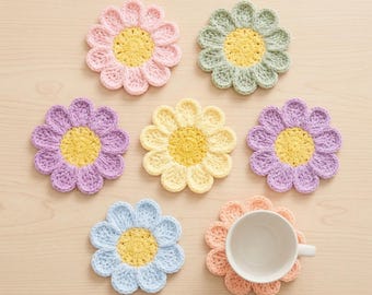 Flower Coaster Crochet Pattern PDF, Beginner Floral Mug Rug, 8 Petal Daisy Coaster, Digital Download