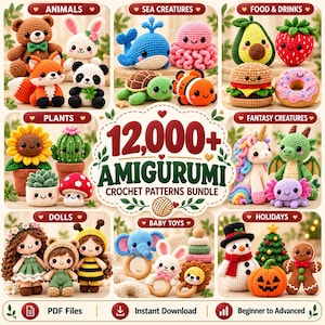 12000+ Amigurumi-virkmönster i PDF-format | Virkmönster för söta djur | Nybörjarvänliga plyschmönster | Direktnedladdning