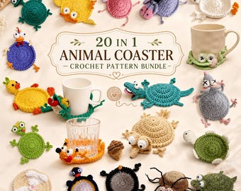 20-in-1 Animal Crochet Coaster Patterns, Mug Hugger Bundle, animals cup holder (PDF + VIDEO TUTORIAL)