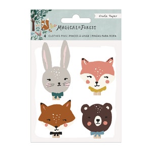 May include: Set of four wooden clothespins with whimsical animal faces. The animals are a rabbit, a fox, a bear, and a fox. The clothespins are decorated with colorful paint and have a whimsical, woodland theme.