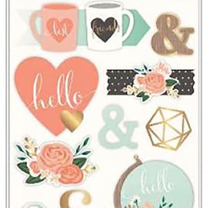 May include: A package of decorative stickers featuring various designs. Includes mugs, hearts, floral arrangements, geometric shapes, and the words "hello" and "thanks". The color palette includes coral, gold, mint, and black.