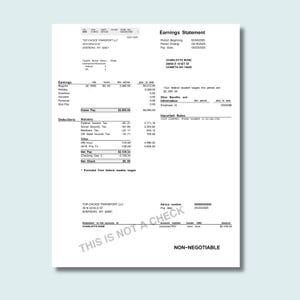 May include: An earnings statement from Top Choice Transport LLC, detailing earnings, deductions, and net pay. The document includes employee information, pay period dates, and a non-negotiable statement. The net check amount is $50.00.
