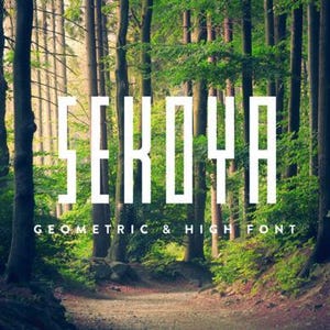 May include: A forest scene with the word "SEKOYA" in large, white, geometric letters. Below the word is the text "GEOMETRIC & HIGH FONT". The image features a path leading into the woods.