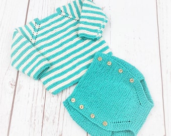 Unisex Cotton Hand Knitted Baby Set,Tourquise Stripes Hand Knitted Baby Set,Teal Ivory Baby set,Newborn Baby Clothes,Baby Shower Gift