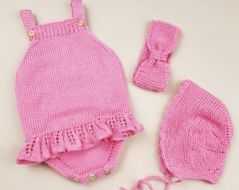 Hand Knitted Baby Girl Romper Bonet and Headband,100% Cotton Knitted Set of 3,Newborn Baby Clothes,Knit Baby,Girl Romper,Newborn Baby Gift