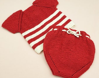 Red Cotton Hand Knitted Baby Set,Red Stripes Hand Knitted Baby Set,Red Ivory Baby set,Newborn Baby Clothes,Baby Shower Gift