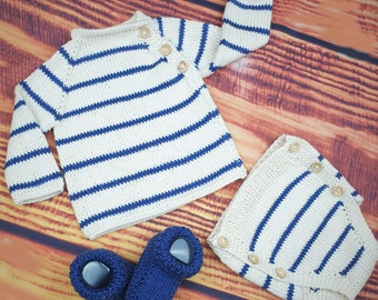 Nautical Cotton Hand Knitted Baby Set,Stripes Hand Knitted Baby Set,Blue Ivory Baby set,Newborn Baby Clothes,baby Shower Gift,hand Knitted