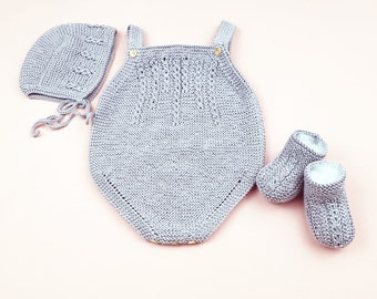 Gray Hand Knitted Baby Unisex Romper Bonet and ,100% Cotton Knitted Set of 3,Newborn Baby Cloths,Unisex Romper,Newborn Baby,Baby Photo Prop