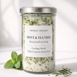 May include: A clear glass jar with a silver lid filled with white and green botanical foot soak. The label reads "HERBAL ATELIER MINT & TEA TREE Botanical Foot Soak." Fresh mint leaves and rosemary sprigs are placed near the jar.