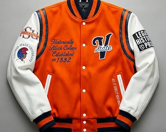 Jaqueta universitária laranja e branca estilo HBCU | Casaco universitário estilo Virginia State | Jaqueta bomber de lã e couro com orgulho universitário