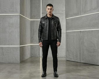 Jaqueta masculina de couro estilo caminhoneiro/motoqueiro com botões e zíper, jaqueta de couro preta masculina, jaqueta clássica estilo motoqueiro/motoqueiro, streetwear.