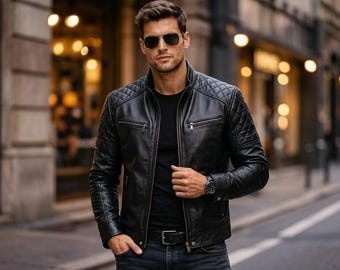 Jaqueta masculina preta de couro legítimo estilo motociclista, jaqueta clássica masculina para motociclistas, agasalho estiloso para o dia a dia.