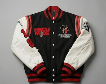 Jaqueta universitária inspirada na Clark Atlanta | Jaqueta universitária preta e vermelha estilo HBCU | Casaco bomber de lã e couro estilo CAU