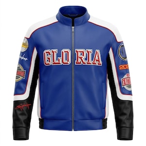 May include: A blue, white, and black zip-up jacket featuring the text GLORIA in red and white block letters on the chest. The sleeves are adorned with various circular patches, including globe graphics and the text 2023 and G.NATION.