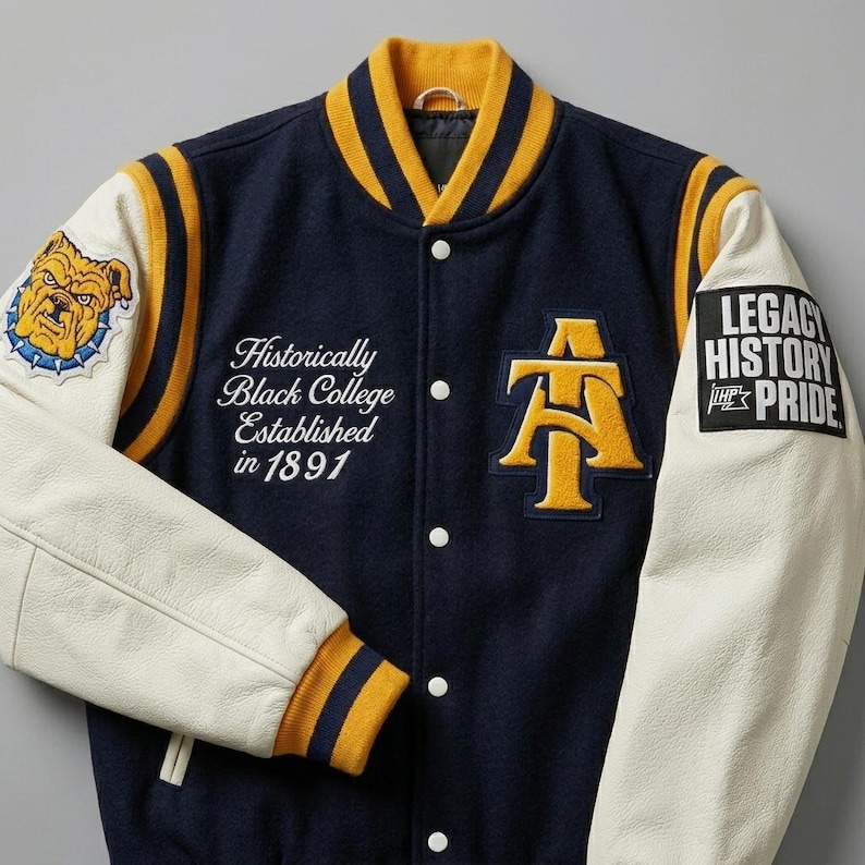 May include: A navy blue varsity jacket with cream-colored sleeves, featuring a yellow and navy striped collar and cuffs. The front displays the text "Historically Black College Established in 1891" and a yellow "AT" logo, with a bulldog patch and "LEGACY HISTORY PRIDE" patch.