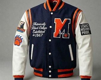 Jaqueta universitária inspirada na Morgan State | Jaqueta universitária azul-marinho e laranja estilo HBCU | Casaco bomber de lã e couro estilo MSU