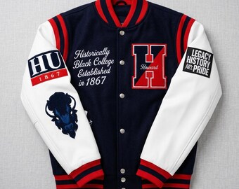 Chaqueta universitaria inspirada en la Universidad de Howard / Chaqueta universitaria azul, roja y blanca estilo HU / Abrigo bomber universitario personalizado