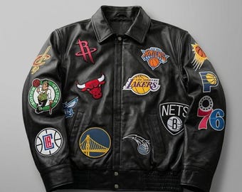 Jaqueta de couro preta com patch de basquete | Jaqueta bomber de couro legítimo para time esportivo | Jaqueta streetwear inspirada em fãs