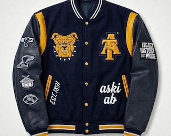 Jaqueta universitária preta e dourada inspirada nas universidades historicamente negras (HBCU) | Casaco universitário da North Carolina A&T | Jaqueta bomber de lã e couro no estilo Aggies