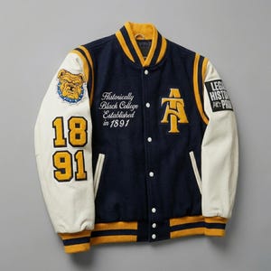 North Carolina A&T Inspired Varsity Jacket | Navy Gold HBCU Letterman Jacket | Aggies Style Wool Leather Bomber Coat image 3