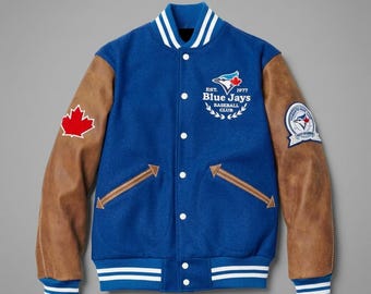 Jaqueta universitária inspirada no Toronto Blue Jays | Jaqueta estilo colegial de beisebol azul royal com mangas de couro marrom | Casaco bomber para o dia do jogo do Canadá
