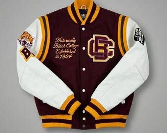 Jaqueta universitária inspirada na Bethune-Cookman | Jaqueta universitária bordô e dourada para universidades historicamente negras | Casaco bomber de lã e couro estilo BCU