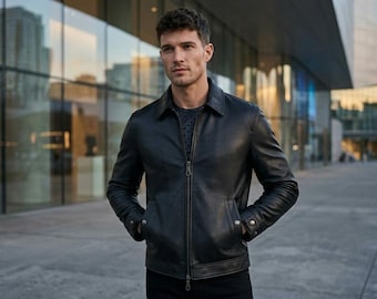 Jaqueta masculina de couro preta, corte slim, estilo streetwear minimalista, moderna e urbana, jaqueta clássica masculina.