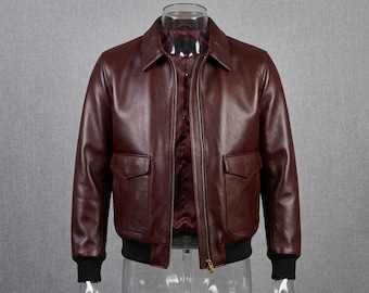 Jaqueta Bomber Masculina de Couro Bordô, Jaqueta de Couro Minimalista Masculina, Jaqueta Clássica de Aviador A2, Jaqueta Casual Elegante