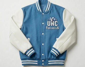 Jaqueta universitária inspirada nos Tar Heels da UNC | Jaqueta universitária azul-carolina e branca | Casaco bomber da Universidade da Carolina do Norte